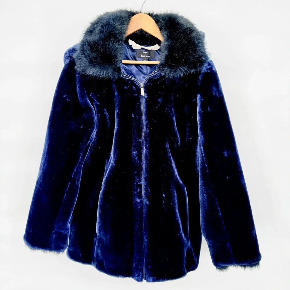 Dennis Basso Midnight Navy Blue Faux Fur Coat Jacket Hooded Plush Womens M Lux - Picture 2 of 16